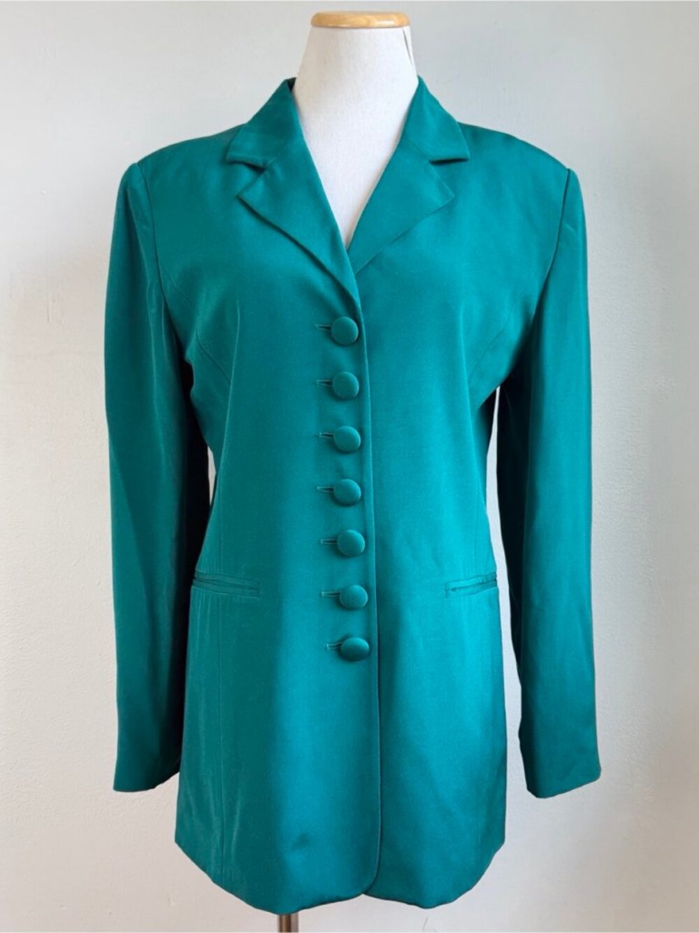 Vintage Teal Silk Blazer Size Small 6 Long Sport Coat 90s Suit Jacket Minimalist
